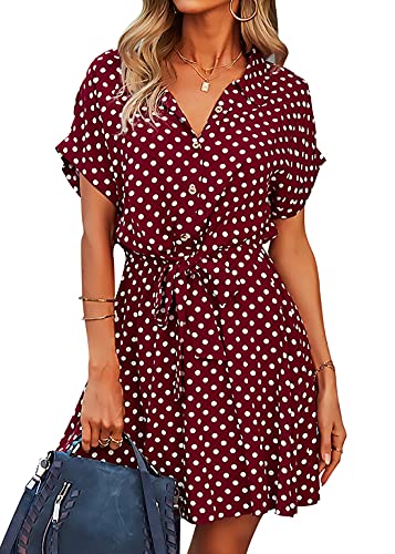 KANDEMY Damen Sommer Blusenkleid Polka Dots Sommerkleid Kurzarm V-Ausschnitt High Waist Minikleid Partykleid Revers-Kragen Hemdkleid mit Knöpfe Gürtel für Freizeit Büro Urlaub von KANDEMY