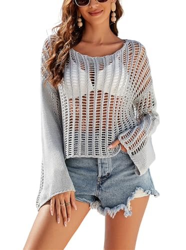 KANDEMY Damen Sommer Gestrickte Bikini Cover Up Strand Oberteile Hollow Out Netzpullover Rundhals Strickpullover Langarm Cutout Crochet Strandponcho Grau XL KANDEMY Damen Sommer Gestrickte Bikini Cover Up Strand Oberteile Hollow Out Netzpullover Rundhals Strickpullover Langarm Cutout Crochet Strandponcho Grau XL von KANDEMY