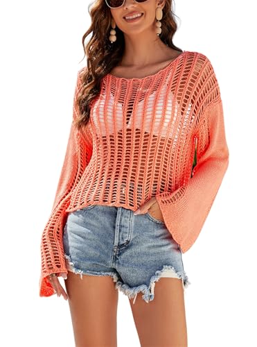 KANDEMY Damen Sommer Gestrickte Bikini Cover Up Strand Oberteile Hollow Out Netzpullover Rundhals Strickpullover Langarm Cutout Crochet Strandponcho Orange L KANDEMY Damen Sommer Gestrickte Bikini Cover Up Strand Oberteile Hollow Out Netzpullover Rundhals Strickpullover Langarm Cutout Crochet Strandponcho Orange L von KANDEMY
