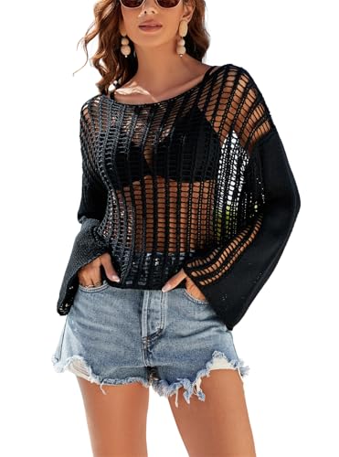KANDEMY Damen Sommer Gestrickte Bikini Cover Up Strand Oberteile Hollow Out Netzpullover Rundhals Strickpullover Langarm Cutout Crochet Strandponcho Schwarz XL von KANDEMY