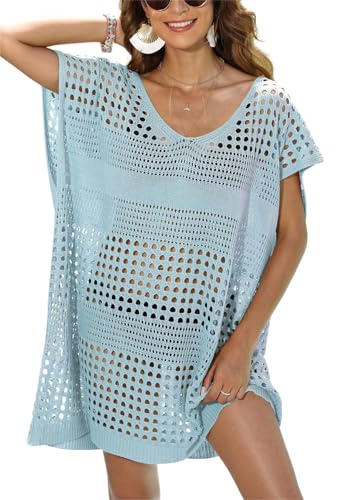 KANDEMY Damen Bikini Cover Up Gehäkeltes Strandkleid V Ausschnitt Kurzarm Strandmode Badeanzug für Strandurlaub Blau Eine Größe von KANDEMY