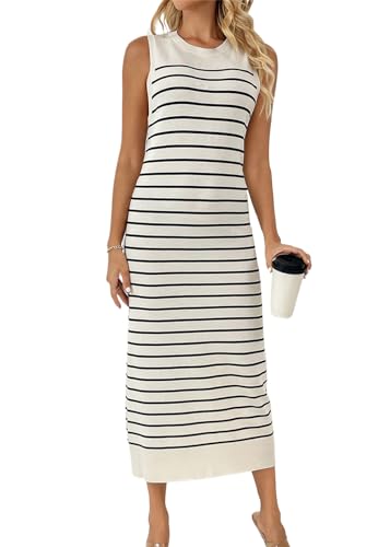 KANDEMY Damen Sommer Streifen Kleider Rundhals Strickkleid Ärmellos Midikleid Elegant Abendkleid Partykleid Schwarz L von KANDEMY