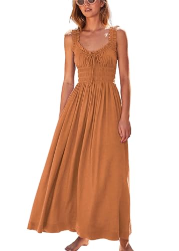 KANDEMY Damen Sommerkleid Ärmellos Kleid Maxikleid mit Rüschen Sommer Partykleid Elegant V-Ausschnitt Strandkleid Casual Cocktailkleid Braun M von KANDEMY