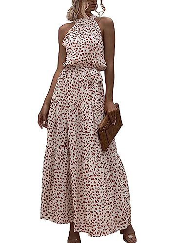 KANDEMY Damen Sommerkleid Ärmellos Neckholder Kleid Lang Schulterfreies Maxikleid Strandkleid Boho Blumenkleid für Frauen Freizeit Urlaub Beige Polka Dots L von KANDEMY