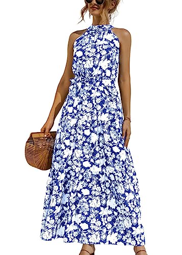 KANDEMY Damen Sommerkleid Ärmellos Neckholder Kleid Lang Schulterfreies Maxikleid Strandkleid Boho Blumenkleid für Frauen Freizeit Urlaub Blaue Blumen M von KANDEMY