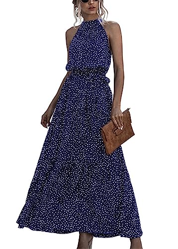 KANDEMY Damen Sommerkleid Ärmellos Neckholder Kleid Lang Schulterfreies Maxikleid Strandkleid Boho Blumenkleid für Frauen Freizeit Urlaub Dunkelblau Polka Dots L von KANDEMY