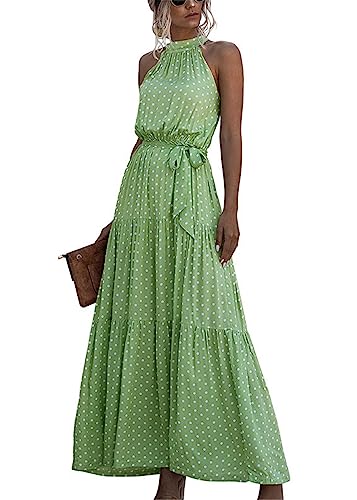 KANDEMY Damen Sommerkleid Ärmellos Neckholder Kleid Lang Schulterfreies Maxikleid Strandkleid Boho Blumenkleid für Frauen Freizeit Urlaub Grün Polka Dots M von KANDEMY