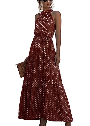 KANDEMY Damen Sommerkleid Ärmellos Neckholder Kleid Lang Schulterfreies Maxikleid Strandkleid Boho Blumenkleid für Frauen Freizeit Urlaub Kaffeebraun Polka Dots M von KANDEMY