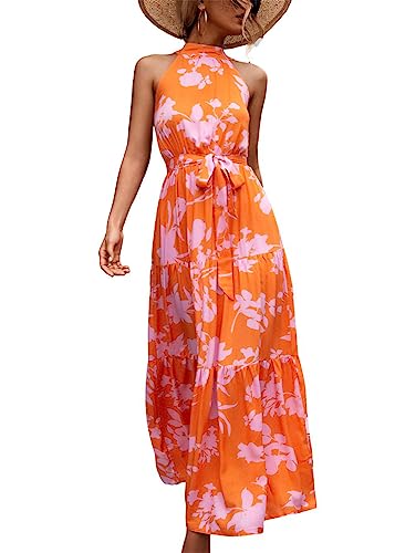 KANDEMY Damen Sommerkleid Ärmellos Neckholder Kleid Lang Schulterfreies Maxikleid Strandkleid Boho Blumenkleid für Frauen Freizeit Urlaub Orange Blumen L von KANDEMY