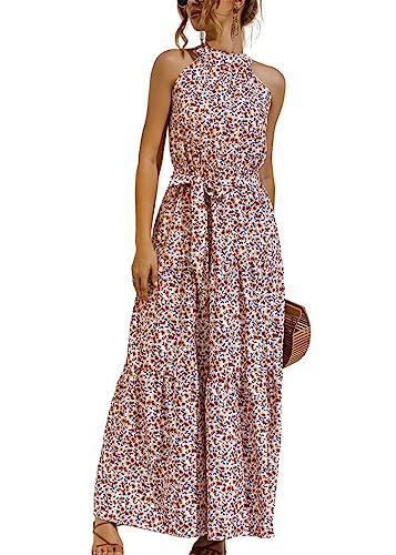 KANDEMY Damen Sommerkleid Ärmellos Neckholder Kleid Lang Schulterfreies Maxikleid Strandkleid Boho Blumenkleid für Frauen Freizeit Urlaub Rosa M von KANDEMY