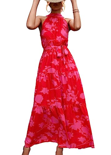 KANDEMY Damen Sommerkleid Ärmellos Neckholder Kleid Lang Schulterfreies Maxikleid Strandkleid Boho Blumenkleid für Frauen Freizeit Urlaub Rosenrote Blumen M von KANDEMY