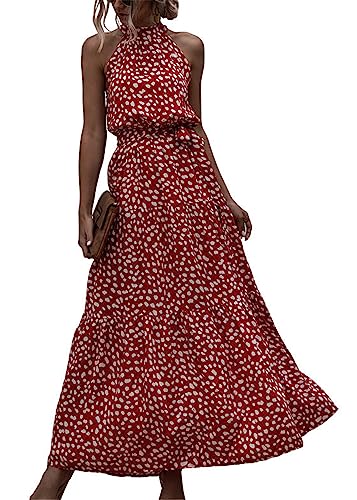 KANDEMY Damen Sommerkleid Ärmellos Neckholder Kleid Lang Schulterfreies Maxikleid Strandkleid Boho Blumenkleid für Frauen Freizeit Urlaub Rot Polka Dots M von KANDEMY