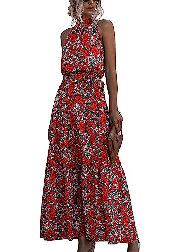 KANDEMY Damen Sommerkleid Ärmellos Neckholder Kleid Lang Schulterfreies Maxikleid Strandkleid Boho Blumenkleid für Frauen Freizeit Urlaub Rote Blumen L von KANDEMY