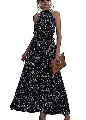 KANDEMY Damen Sommerkleid Ärmellos Neckholder Kleid Lang Schulterfreies Maxikleid Strandkleid Boho Blumenkleid für Frauen Freizeit Urlaub Schwarz Polka Dots L von KANDEMY