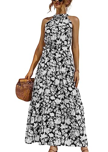 KANDEMY Damen Sommerkleid Ärmellos Neckholder Kleid Lang Schulterfreies Maxikleid Strandkleid Boho Blumenkleid für Frauen Freizeit Urlaub Weiße Große Blumen M von KANDEMY