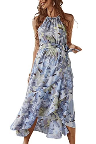 KANDEMY Damen Sommerkleid Blumen Langes Strandkleid Schulterfrei Casual Geblümte Sommer Kleider Luftiges Halter-Kleid MaxiKleid mit Gürtel Blau L von KANDEMY