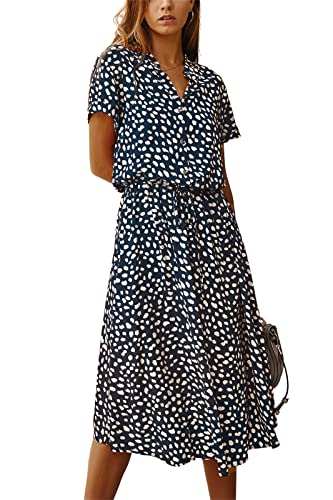 KANDEMY Damen Sommerkleid Blusenkleid mit Knöpfe Polka Dots Standkleid Kurzarm V-Ausschnitt Lose Knielang Midi Freizeit Sommer Kleider für Frauen Blau M von KANDEMY