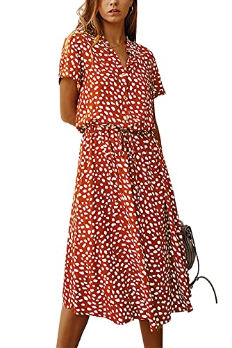 KANDEMY Damen Sommerkleid Blusenkleid mit Knöpfe Polka Dots Standkleid Kurzarm V-Ausschnitt Lose Knielang Midi Freizeit Sommer Kleider für Frauen Braun M von KANDEMY
