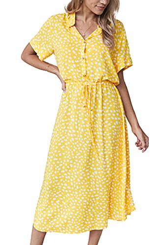 KANDEMY Damen Sommerkleid Blusenkleid mit Knöpfe Polka Dots Standkleid Kurzarm V-Ausschnitt Lose Knielang Midi Freizeit Sommer Kleider für Frauen Gelb M von KANDEMY