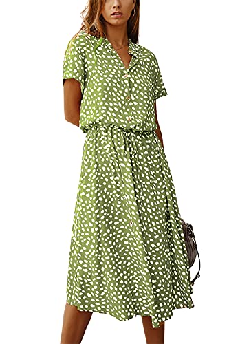 KANDEMY Damen Sommerkleid Blusenkleid mit Knöpfe Polka Dots Standkleid Kurzarm V-Ausschnitt Lose Knielang Midi Freizeit Sommer Kleider für Frauen Grün XL von KANDEMY