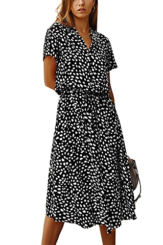 KANDEMY Damen Sommerkleid Blusenkleid mit Knöpfe Polka Dots Standkleid Kurzarm V-Ausschnitt Lose Knielang Midi Freizeit Sommer Kleider für Frauen Schwarz L von KANDEMY