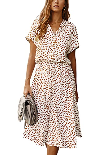 KANDEMY Damen Sommerkleid Blusenkleid mit Knöpfe Polka Dots Standkleid Kurzarm V-Ausschnitt Lose Knielang Midi Freizeit Sommer Kleider für Frauen Weiß L von KANDEMY