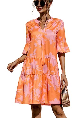 KANDEMY Damen Sommerkleid Casual T-Shirt-Kleid V-Ausschnitt Halbarm Kurzes Kleid Locker Mini Freizeitkleid Blumen-Orange M von KANDEMY