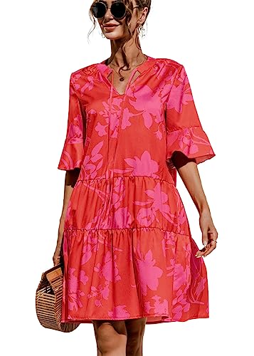 KANDEMY Damen Sommerkleid Casual T-Shirt-Kleid V-Ausschnitt Halbarm Kurzes Kleid Locker Mini Freizeitkleid Blumen-Rot S von KANDEMY