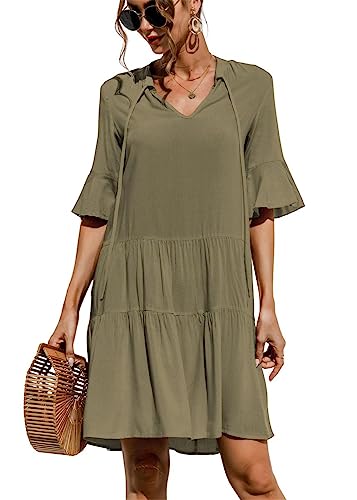 KANDEMY Damen Sommerkleid Casual T-Shirt-Kleid V-Ausschnitt Halbarm Kurzes Kleid Locker Mini Freizeitkleid Einfarbig-Grün M von KANDEMY