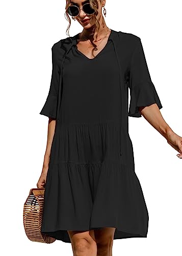 KANDEMY Damen Sommerkleid Casual T-Shirt-Kleid V-Ausschnitt Halbarm Kurzes Kleid Locker Mini Freizeitkleid Einfarbig-Schwarz M von KANDEMY