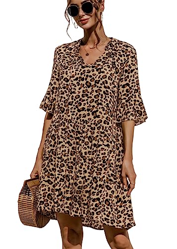 KANDEMY Damen Sommerkleid Casual T-Shirt-Kleid V-Ausschnitt Halbarm Kurzes Kleid Locker Mini Freizeitkleid Leopard-Gelb L von KANDEMY