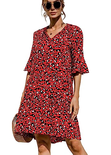 KANDEMY Damen Sommerkleid Casual T-Shirt-Kleid V-Ausschnitt Halbarm Kurzes Kleid Locker Mini Freizeitkleid Leopard-Rot XL von KANDEMY