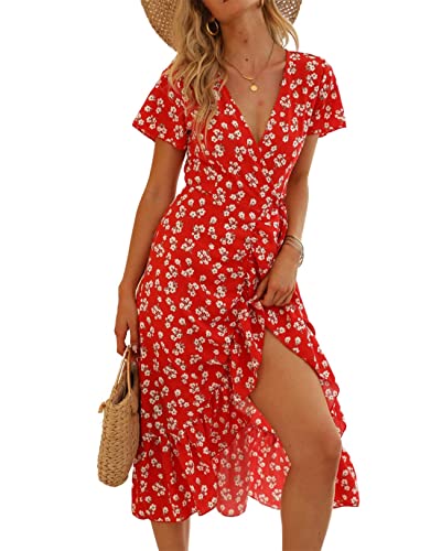 KANDEMY Damen Sommerkleid High Waist Strandkleid V-Ausschnitt Midikleid mit Gürtel Blumenmuster Kurzarm Rüschen Garten Partykleid Floral Lange Sommer Kleider für Frauen Freizeit Urlaub Rot M von KANDEMY