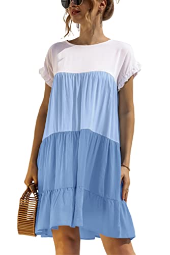 KANDEMY Damen Sommerkleid Lässig T-Shirt-Kleid mit Farbblock Kurzarm Sommer Kleider Locker Hängerkleid Freizeitkleid mit Rüschensaum Blau 2XL von KANDEMY