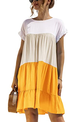 KANDEMY Damen Sommerkleid Lässig T-Shirt-Kleid mit Farbblock Kurzarm Sommer Kleider Locker Hängerkleid Freizeitkleid mit Rüschensaum Gelb 2XL von KANDEMY