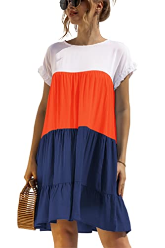 KANDEMY Damen Sommerkleid Lässig T-Shirt-Kleid mit Farbblock Kurzarm Sommer Kleider Locker Hängerkleid Freizeitkleid mit Rüschensaum Hellblau L von KANDEMY