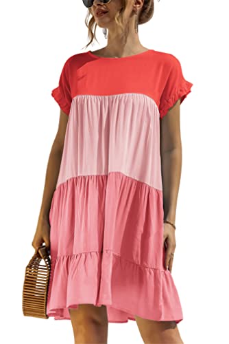 KANDEMY Damen Sommerkleid Lässig T-Shirt-Kleid mit Farbblock Kurzarm Sommer Kleider Locker Hängerkleid Freizeitkleid mit Rüschensaum Rosa M von KANDEMY