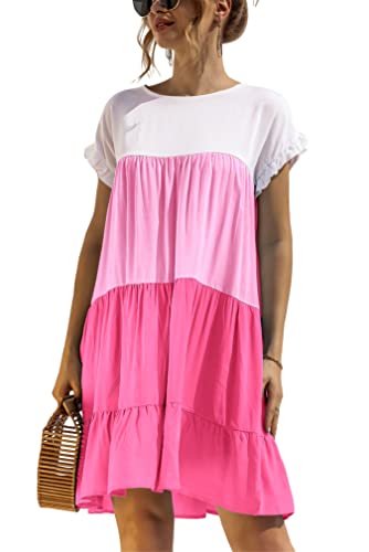 KANDEMY Damen Sommerkleid Lässig T-Shirt-Kleid mit Farbblock Kurzarm Sommer Kleider Locker Hängerkleid Freizeitkleid mit Rüschensaum Rot 2XL von KANDEMY