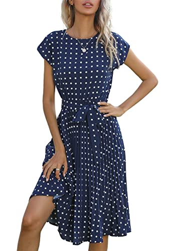 KANDEMY Damen Sommerkleid Polka Dots Elegante Abenkleider Partykleid mit Gürtel Kurzarm Midi Freizeit Sommer Kleider für Frauen Blau M von KANDEMY
