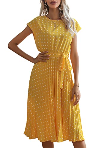 KANDEMY Damen Sommerkleid Polka Dots Elegante Abenkleider Partykleid mit Gürtel Kurzarm Midi Freizeit Sommer Kleider für Frauen Gelb M von KANDEMY