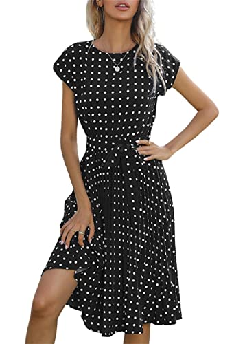 KANDEMY Damen Sommerkleid Polka Dots Elegante Abenkleider Partykleid mit Gürtel Kurzarm Midi Freizeit Sommer Kleider für Frauen Schwarz 2XL von KANDEMY