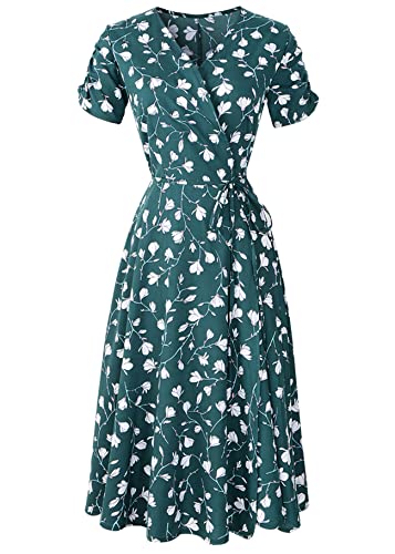 KANDEMY Damen Sommerkleid mit Blumenmuster V-Ausschnitt High Waist Midikleid Floral Strandkleid Lange Partykleider Sommer Kleider für Frauen Freizeit Urlaub Garten KS02-Grün XL von KANDEMY