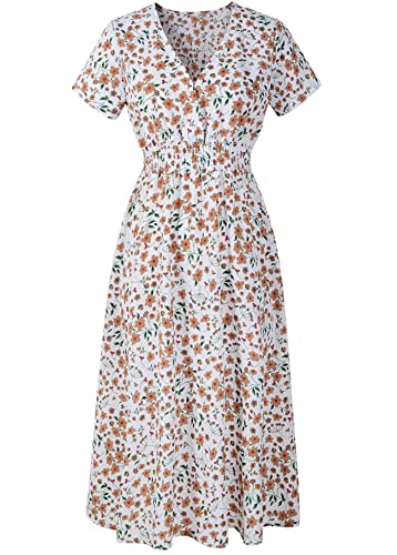 KANDEMY Damen Sommerkleid mit Blumenmuster V-Ausschnitt High Waist Midikleid Floral Strandkleid Lange Partykleider Sommer Kleider für Frauen Freizeit Urlaub Garten KS03-Weiß S von KANDEMY