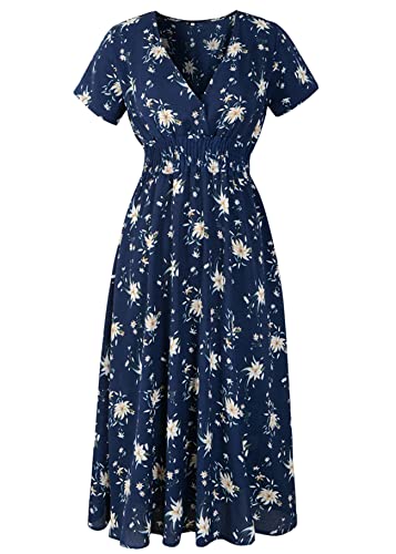 KANDEMY Damen Sommerkleid mit Blumenmuster V-Ausschnitt High Waist Midikleid Floral Strandkleid Lange Partykleider Sommer Kleider für Frauen Freizeit Urlaub Garten KS04-Blau 2XL von KANDEMY