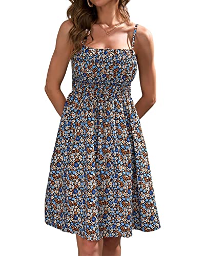 KANDEMY Damen Spaghettiträger Kleid Blumen Camisole Sommerkleid High Waist Strandkleid Knielang Garten Partykleid Floral Minikleid Sommer Cami Kleider für Frauen Freizeit Urlaub Blau M von KANDEMY