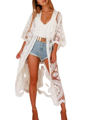 KANDEMY Damen Strandkleid Spitze Bikini Cover Up Sommer Badeanzug Transparent Floral Kimono Cardigans für Strandurlaub Weiß Einheitsgröße von KANDEMY