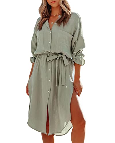 KANDEMY Damen Strandkleid Strandponcho Hemdkleid Sommerkleider Lang Strand Shirt Cover Up mit Tasten Longshirt Strandhemd Bademode Sommer Bluse Hemd Freizeitkleid Grün L von KANDEMY