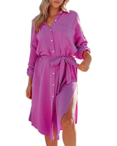 KANDEMY Damen Strandkleid Strandponcho Hemdkleid Sommerkleider Lang Strand Shirt Cover Up mit Tasten Longshirt Strandhemd Bademode Sommer Bluse Hemd Freizeitkleid Lila 2XL von KANDEMY