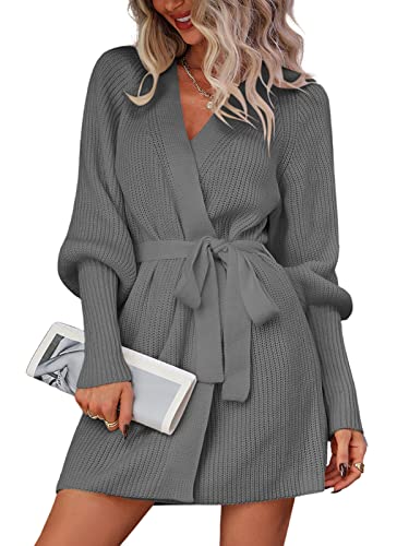 KANDEMY Damen Strickjacke Cardigan Langarm V-Ausschnitt Pulloverkleid Elegant Tunika Kleid mit Gürtel Strickmantel Lang Herbst Winter Bademantel Grau L von KANDEMY