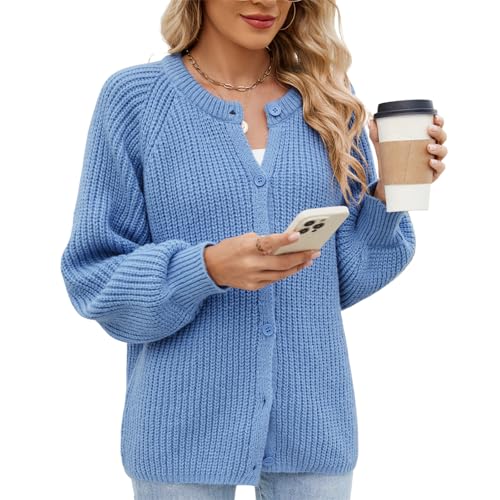 KANDEMY Damen Strickjacke Elegante Langarm Grobstrick Cardigan Pullover Casual Übergangsjacke Sweater Strickmantel Blau L von KANDEMY